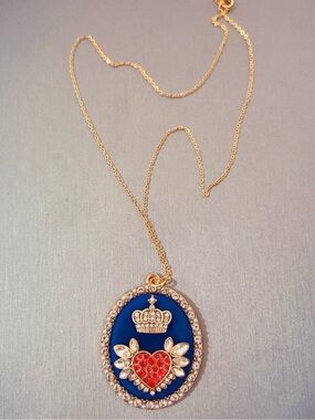Elegant Blue, Gold and Red Heart Crown Winged Pendant Necklace
